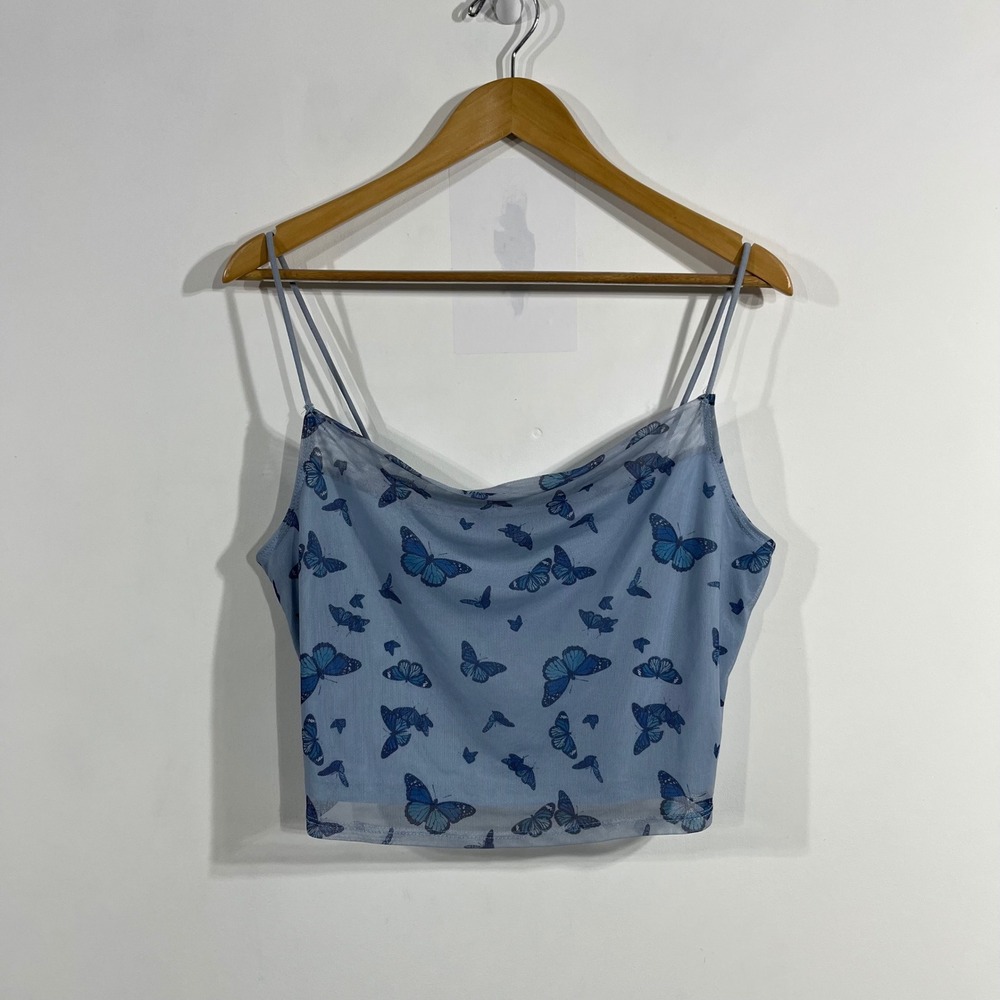 Rue21 Y2K Babydoll Preppy Butterfly Print Mesh Cowl Neck Cami Crop Top Womens XL